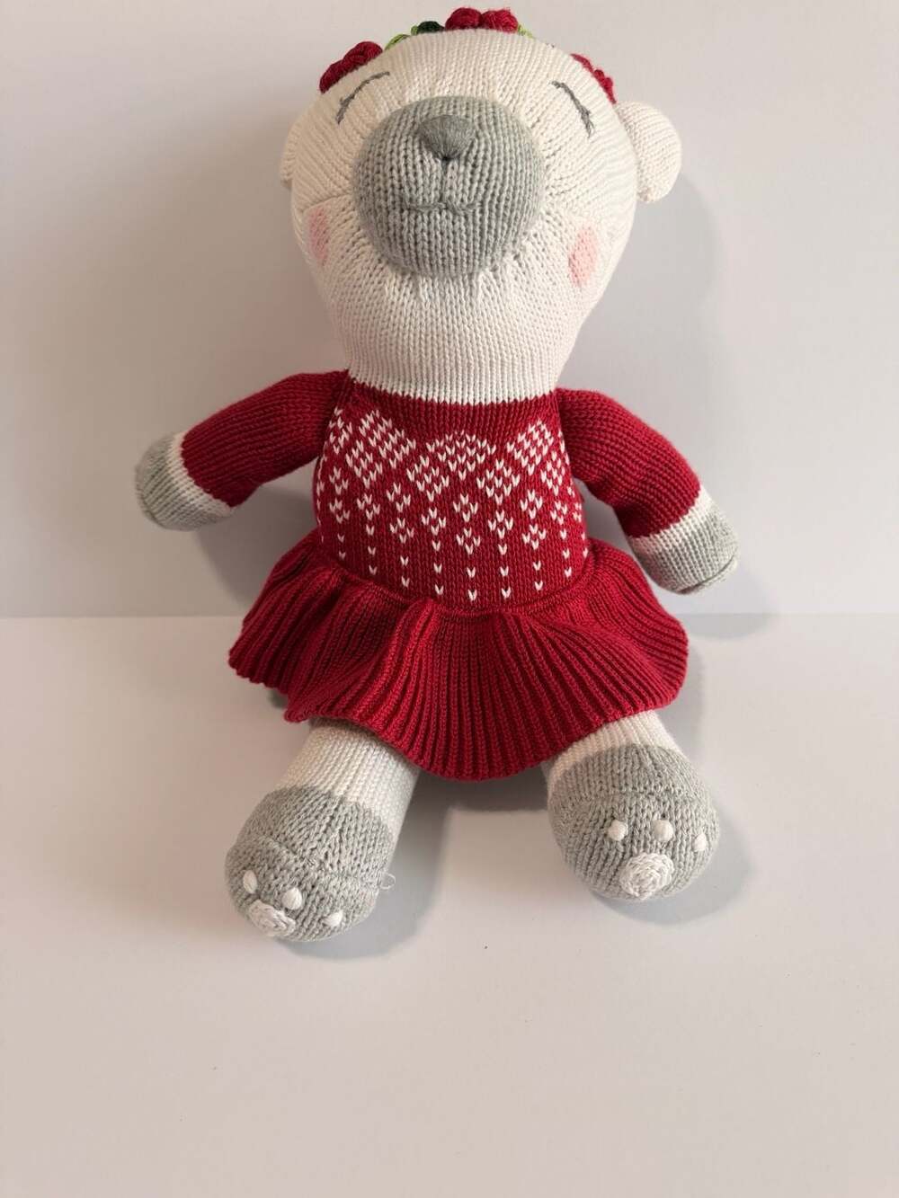 Neiman Marcus Knitted Polar Bear Plush in Red Fair Isle Dress